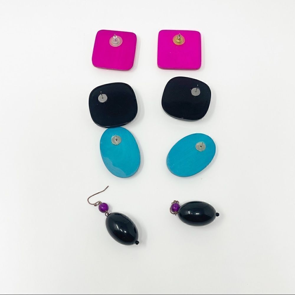Vintage Costume Jewelry Wood Pink Teal Plastic Black Purple Lot of Earrings - Picture 5 of 5